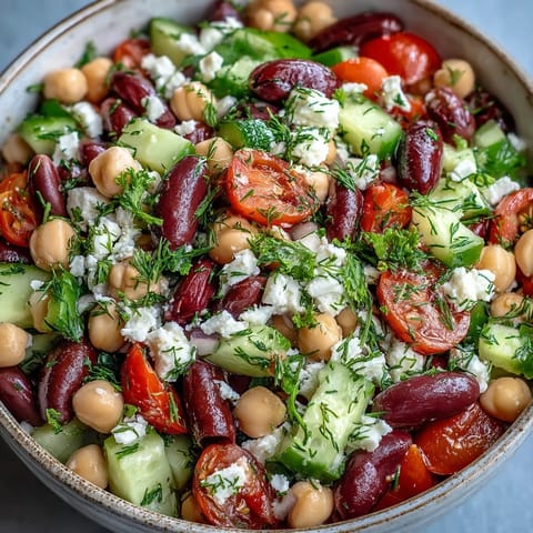 Bright Mediterranean Greek Bean Salad in a white bowl with lemony dressing, fresh tomatoes, cucumber, and crumbled feta.