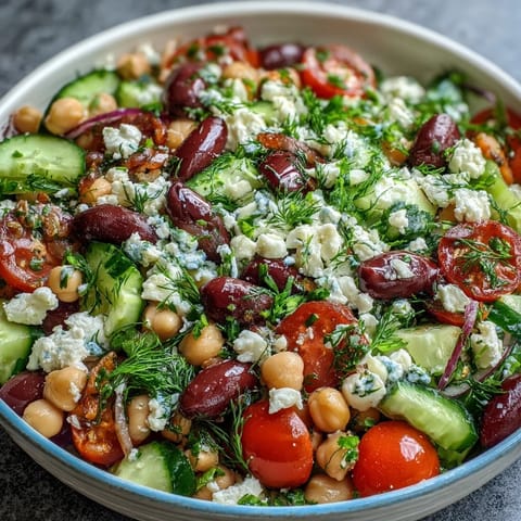 Colorful Greek Bean Salad featuring marinated beans, Kalamata olives, and herbs, served with pita bread and lemon wedges.