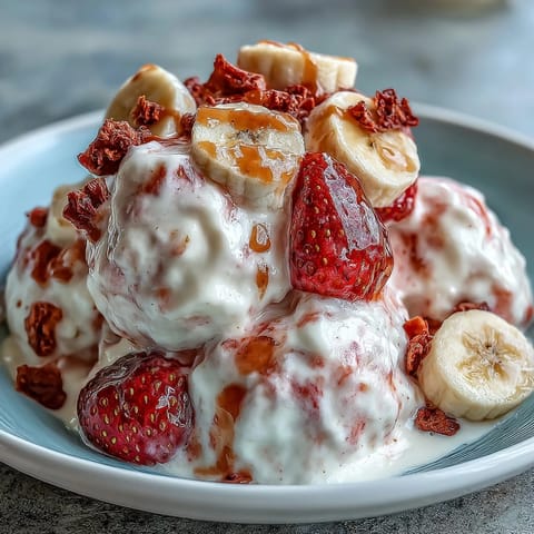 Frozen Strawberry & Banana Yoghurt Clusters on a parchment-lined tray show a creamy, marbled texture with crunchy fruit toppings for a refreshing snack.