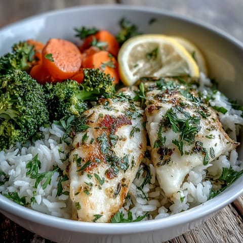 A close-up of a Baked Tilapia Bowl with herb-seasoned fillets, fluffy rice, and bright green steamed broccoli and carrots.