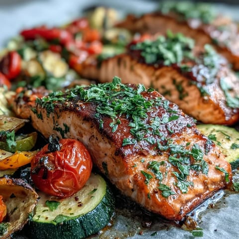 Glistening roasted salmon fillets rest alongside vibrant, caramelized bell peppers and zucchini on a sheet pan, perfect for a healthy weeknight dinner.