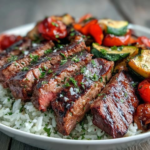 Golden-brown, juicy steak slices rest atop a bed of fluffy white rice and vibrant roasted bell peppers and zucchini in this Sheet Pan Steak and Veggie Bowl.