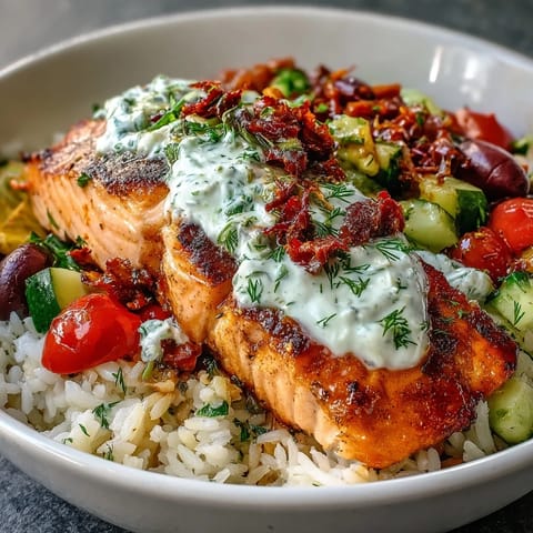 Pan-seared salmon with golden crispy rice and Mediterranean vegetables, topped with a lemon-yogurt drizzle for a vibrant bowl.