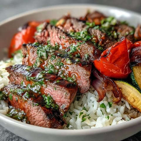 Fluffy white rice topped with tender grilled steak slices, colorful roasted vegetables, and a generous drizzle of homemade chimichurri sauce.