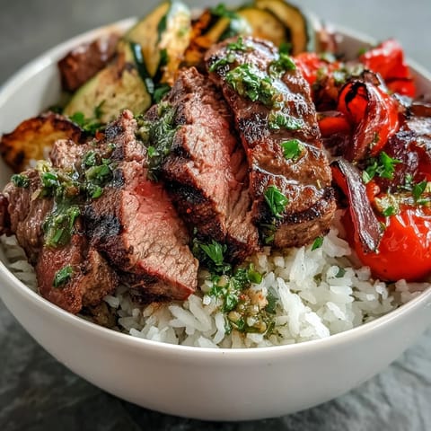 Sizzling flank steak rests over fluffy rice and roasted veggies, finished with a bright green chimichurri sauce for dipping.