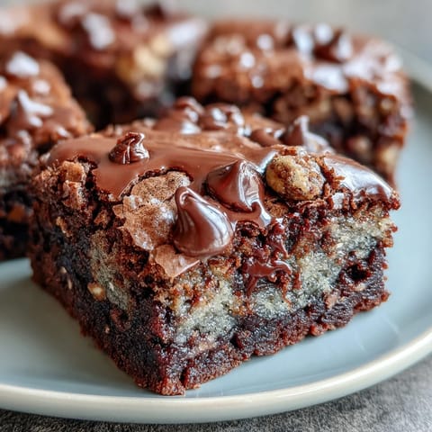 Stacked Hojicha Brookies with crispy cookie tops and fudgy brownie bottoms, served on a rustic plate.