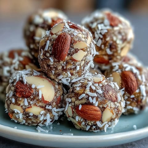 Vibrant Hojicha Energy Balls coated in shredded coconut, ready for a quick snack.