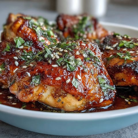 Juicy bone-in chicken thighs coated in a savory honey garlic sauce, baked to perfection for dinner.  