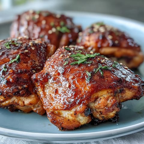 Honey Garlic Baked Chicken Thighs with golden skin and sticky glaze, served fresh from the oven.  