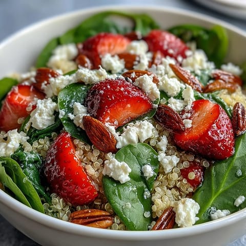 A colorful bowl of strawberry feta quinoa salad with fresh spinach, juicy strawberries, and tangy balsamic dressing.