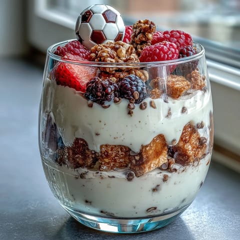 Vibrant fruit and yogurt snack cups topped with crunchy granola, decorated with soccer ball toppers for a fun and healthy team treat.