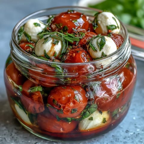 Mason Jar Caprese Salad with cherry tomatoes, mozzarella, and basil, drizzled with balsamic glaze for a fresh, portable lunch.  