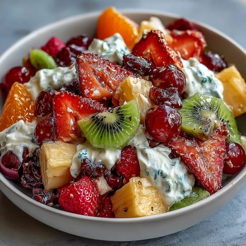 Vibrant rainbow fruit table with fresh strawberries, pineapple, kiwi, and blueberries, served with luscious coconut whipped cream for a stunning healthy dessert.