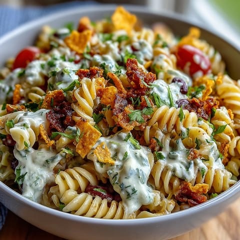 Colorful Taco Pasta Salad with Doritos and Avocado Ranch, featuring tender pasta, zesty dressing, and crisp lettuce for a satisfying bite.  