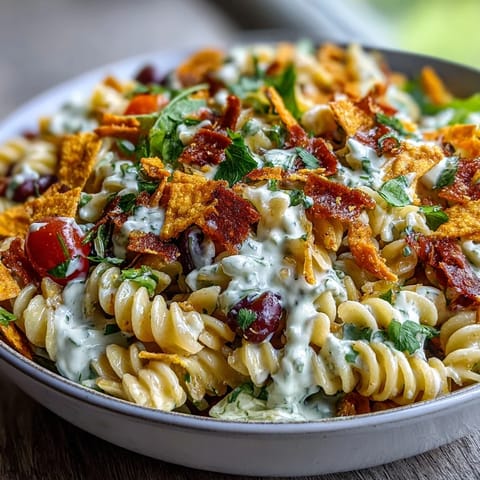 Taco Pasta Salad with Doritos and Avocado Ranch in a vibrant bowl with creamy dressing, crunchy chips, and fresh vegetables.  