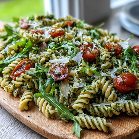 Vibrant summer pasta salad with pesto and cherry tomatoes, bursting with fresh basil flavor and colorful veggies.  