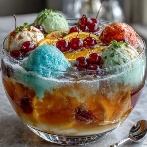 Vibrant graduation party punch bowl filled with rainbow sherbet and fizzy Sprite, garnished with citrus slices and cherries.