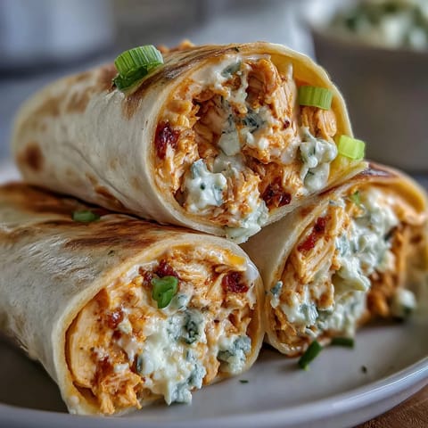 Creamy Buffalo chicken filling with cheddar and blue cheese spread on soft tortillas, rolled and sliced into bite-sized pinwheels.  