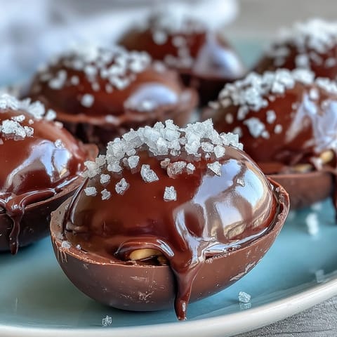 Decadent dark chocolate peanut butter Easter eggs with sea salt, offering a perfect balance of sweet and salty flavors in every bite.