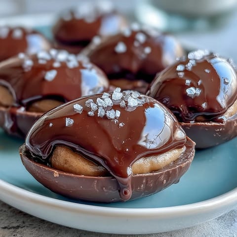 Handmade dark chocolate peanut butter Easter eggs sprinkled with flaky sea salt, a rich and indulgent treat for springtime celebrations.