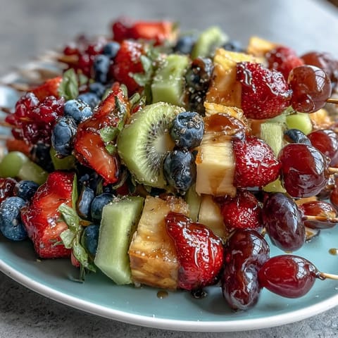 Rainbow Fruit Skewers with Honey Dip, a colorful summer snack, arranged in vibrant rainbow order on wooden sticks and served with creamy honey-yogurt dip.  
