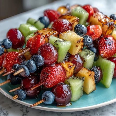 Rainbow Fruit Skewers with Honey Dip, featuring fresh strawberries, pineapple, kiwi, and grapes on skewers, accompanied by a luscious honey-lemon yogurt sauce.  