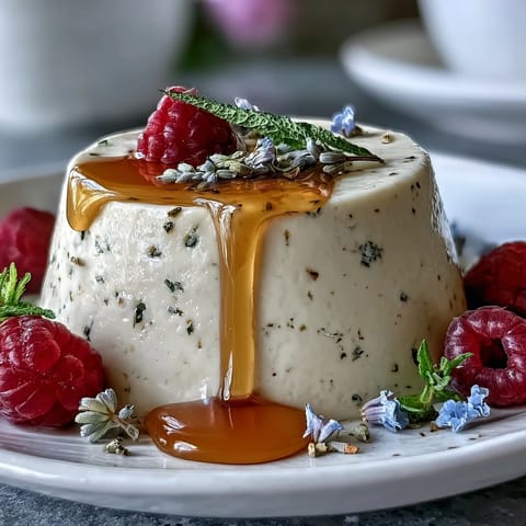 Silky honey lavender panna cotta with a delicate floral aroma, topped with fresh berries and edible flowers.