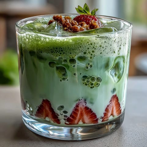 Strawberry Matcha Latte with Oat Milk served in clear glasses, showing vibrant pink strawberry puree at the bottom, creamy oat milk in the middle, and bright green matcha layer on top.