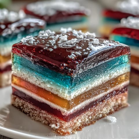 Vibrant rainbow jelly cake with creamy coconut topping, perfect for a refreshing dessert.