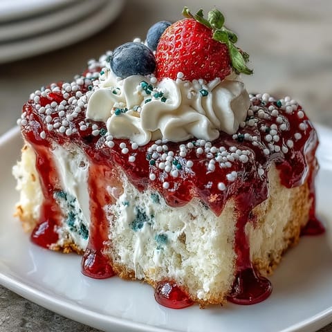 Memorial Day Red White Blue Poke Cake: vibrant berry swirls meet fluffy whipped topping.