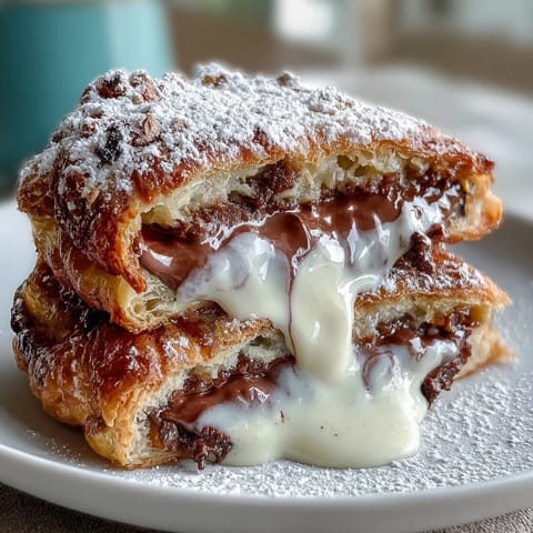 Golden brown Dubai Chocolate Pistachio Croissant French Toast, warm and oozing with decadent chocolate.