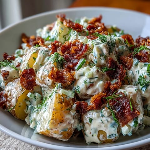Delicious dill and bacon potato salad, loaded with crispy bacon bits.