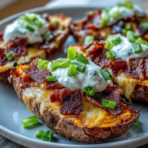 Loaded sweet potato skins piled high with cheese and bacon, a savory appetizer.