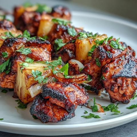 Golden Grilled Chicken Al Pastor Skewers with juicy chicken and caramelized pineapple.