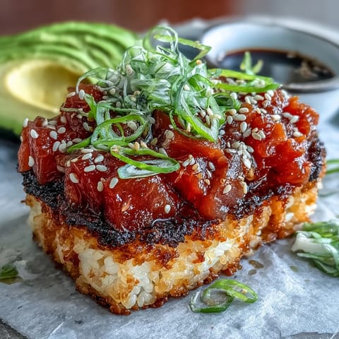 Golden crispy rice topped with creamy, vibrant spicy tuna mixture.