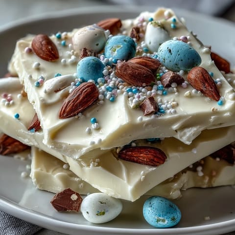 Festive white chocolate Easter bark studded with colorful eggs and crunchy pistachios.