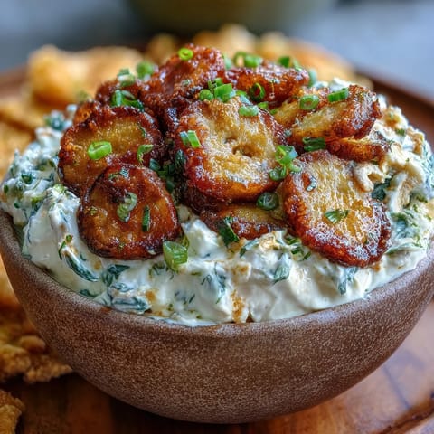 Creamy fried pickle dip topped with golden, crispy fried pickle slices.