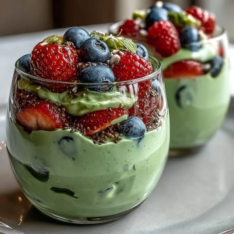 Creamy avocado chia pudding parfait layered with fresh berries, showing healthy breakfast goals.