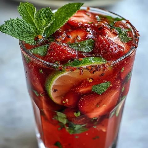 Vibrant Frecy Strawberry Chili Limeade Mocktail, a cool, non-alcoholic drink perfect for parties, garnished.