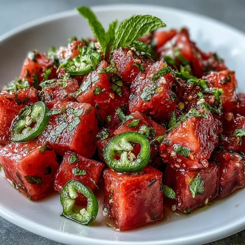 Bright watermelon chili lime salad with mint, a perfect summer side dish.