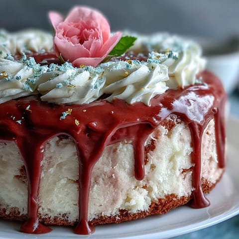 Gorgeous rosé velvet cake with shimmering gold drip ready for a bridal shower.