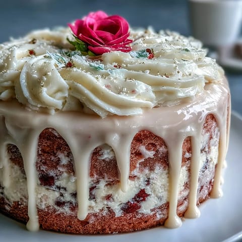 Elegant pink cake, infused with rosé, boasts a luxurious cascading gold drip.