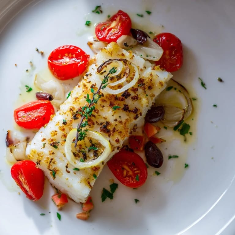 Golden brown One-Tray Baked Cod served atop blistered cherry tomatoes, briny olives, and aromatic herbs.