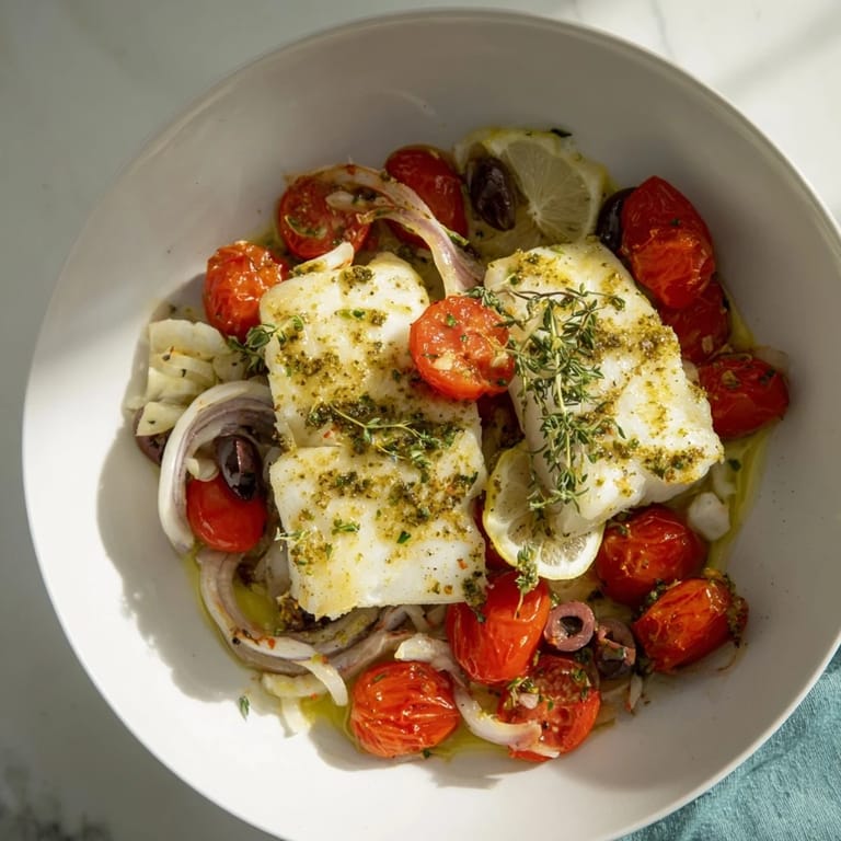 Enjoy flaky, tender One-Tray Baked Cod with olives and herbs, baked to perfection on a single sheet pan.