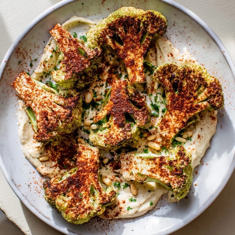 Vibrant photo of roasted cauliflower steaks, showcasing a flavorful Middle Eastern-inspired tahini sauce.