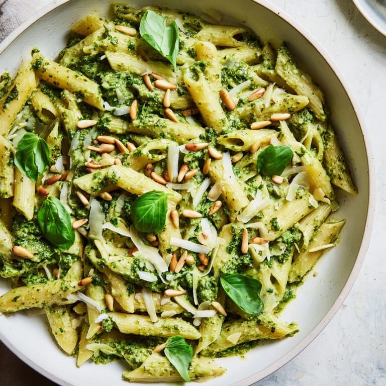 A bowl of the best 15-minute creamy pesto pasta, garnished with fresh basil and toasted pine nuts perfectly.