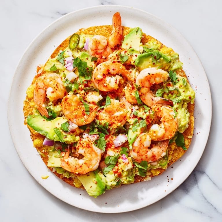 Close-up of Quick Shrimp and Avocado Tostadas showing juicy shrimp over creamy avocado, ready for a delicious bite.