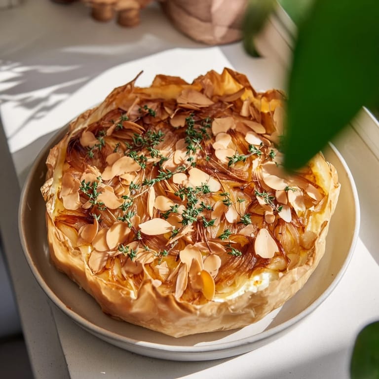 A close-up of a wonderfully baked Decadent Caramelized Onion and Goat Cheese Tart, rich with flavor.