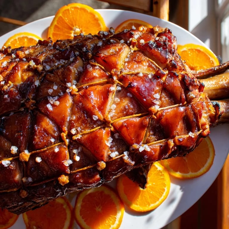 Tender, flavorful slow-cooked honey glazed ham, sliced and glistening, offering a savory-sweet delight.