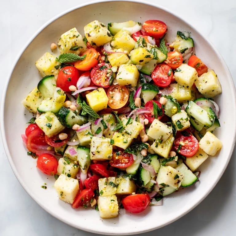 Cool, refreshing fresh cucumber and chickpea salad with a bright, herby lemon-mint flavor.